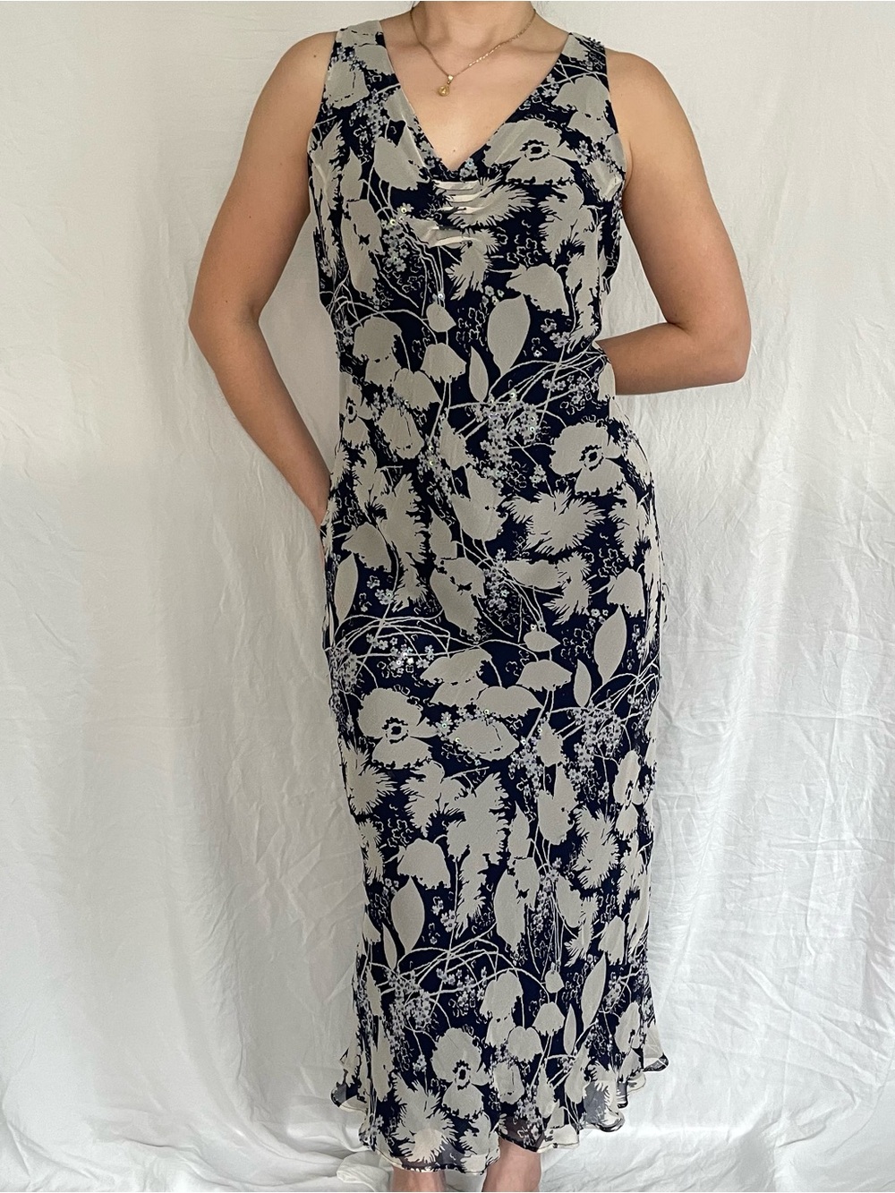 Vintage 90s 100% Silk Sleeveless Navy & Cream Floral Midi Dress